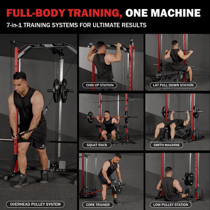 Smith Machine Home Gym, Multi-Functional Squat Rack with Lat Pull down System, Workout Station with Smith Bar, Barbell, Weight Bench and 35Lb/45Lb X2 Weight Plates