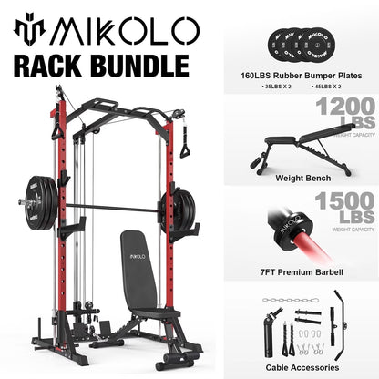 Smith Machine Home Gym, Multi-Functional Squat Rack with Lat Pull down System, Workout Station with Smith Bar, Barbell, Weight Bench and 35Lb/45Lb X2 Weight Plates