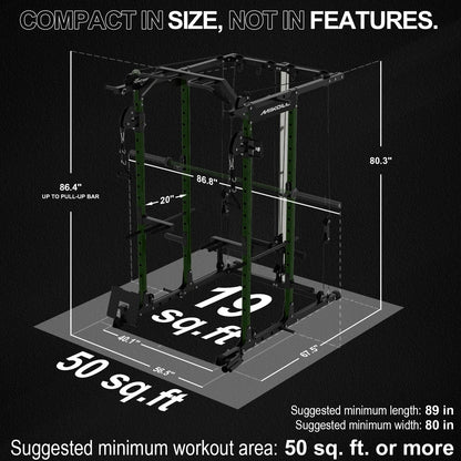 Power Rack Cage, 1500LBS Weight Cage with 1200LB Capacity Adjustable Weight Bench, 1500LB Capacity Barbell and 230LB Weight Plate Set Green Oasis