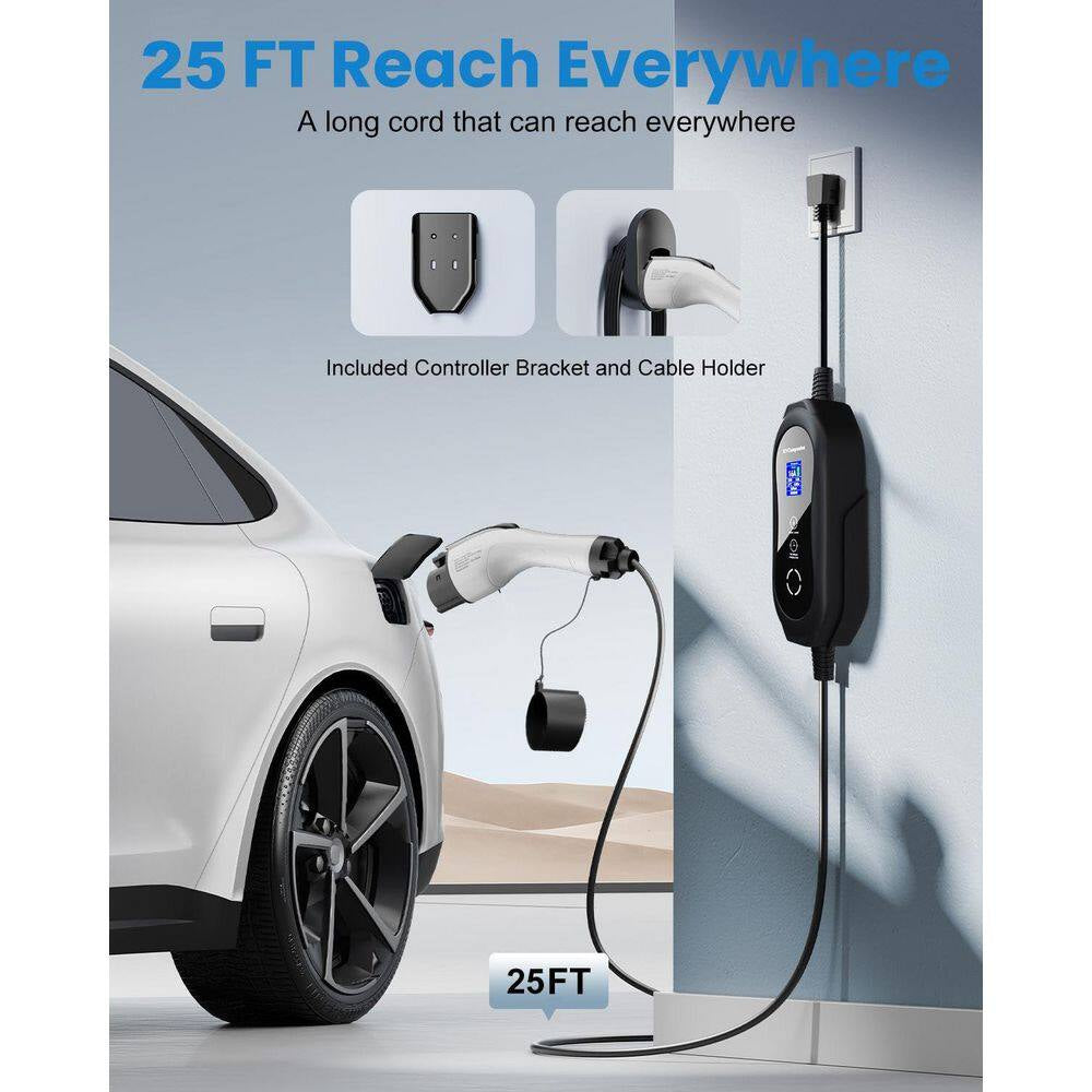 25Ft 240-Volt Portable EV Charger Level 1-2 SAE J1772 Plug with NEMA 6-20 5-15 Adapter Adjustable Current LCD