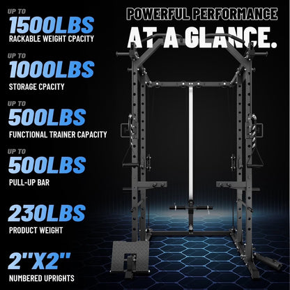 Power Rack Cage, 1500LBS Weight Cage with 800LB Capacity Adjustable Weight Bench, 1500LB Capacity Barbell and 260LB Weight Plate Set