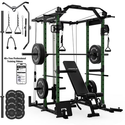 Power Rack Cage, 1500LBS Weight Cage with 1200LB Capacity Adjustable Weight Bench, 1500LB Capacity Barbell and 230LB Weight Plate Set Green Oasis