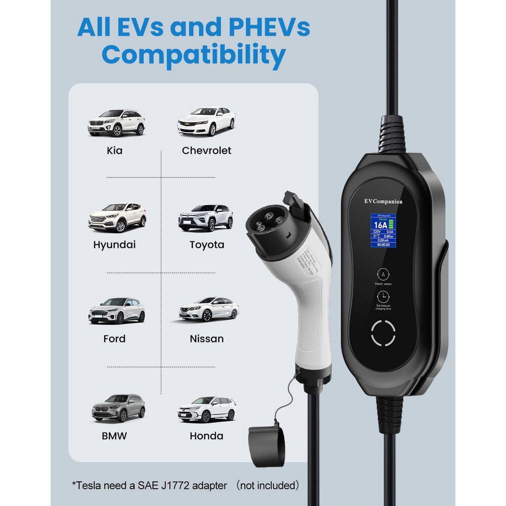 25Ft 240-Volt Portable EV Charger Level 1-2 SAE J1772 Plug with NEMA 6-20 5-15 Adapter Adjustable Current LCD