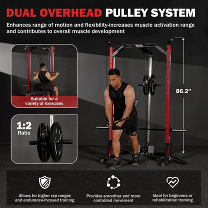 Smith Machine Home Gym, Multi-Functional Squat Rack with Lat Pull down System, Workout Station with Smith Bar, Barbell, Weight Bench and 35Lb/45Lb X2 Weight Plates