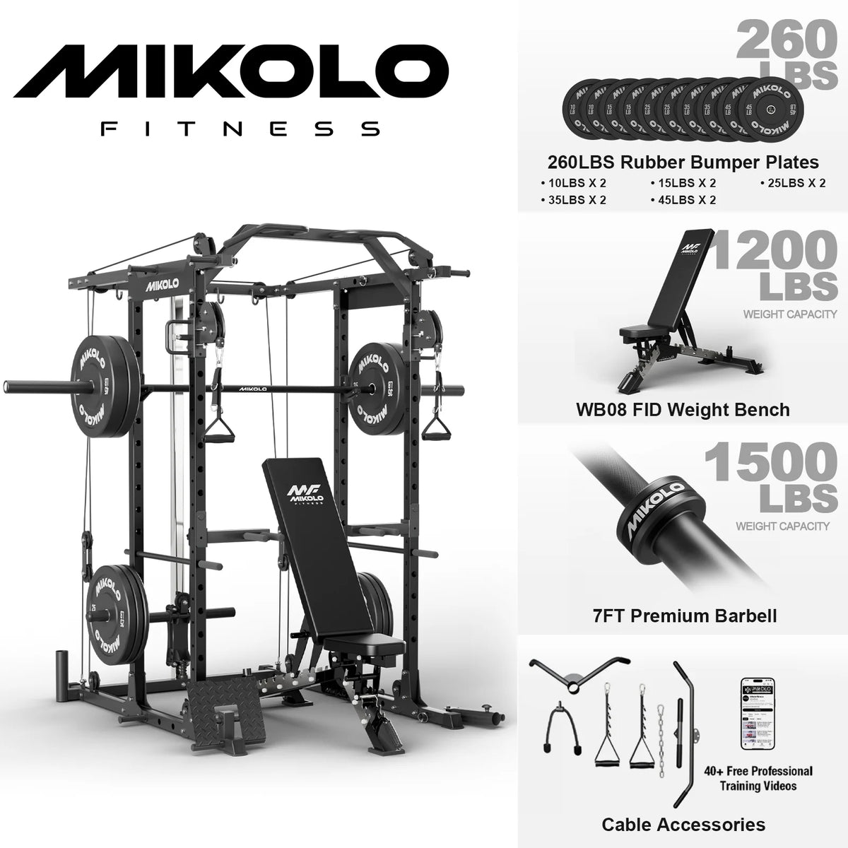 Power Rack Cage, 1500LBS Weight Cage with 800LB Capacity Adjustable Weight Bench, 1500LB Capacity Barbell and 260LB Weight Plate Set
