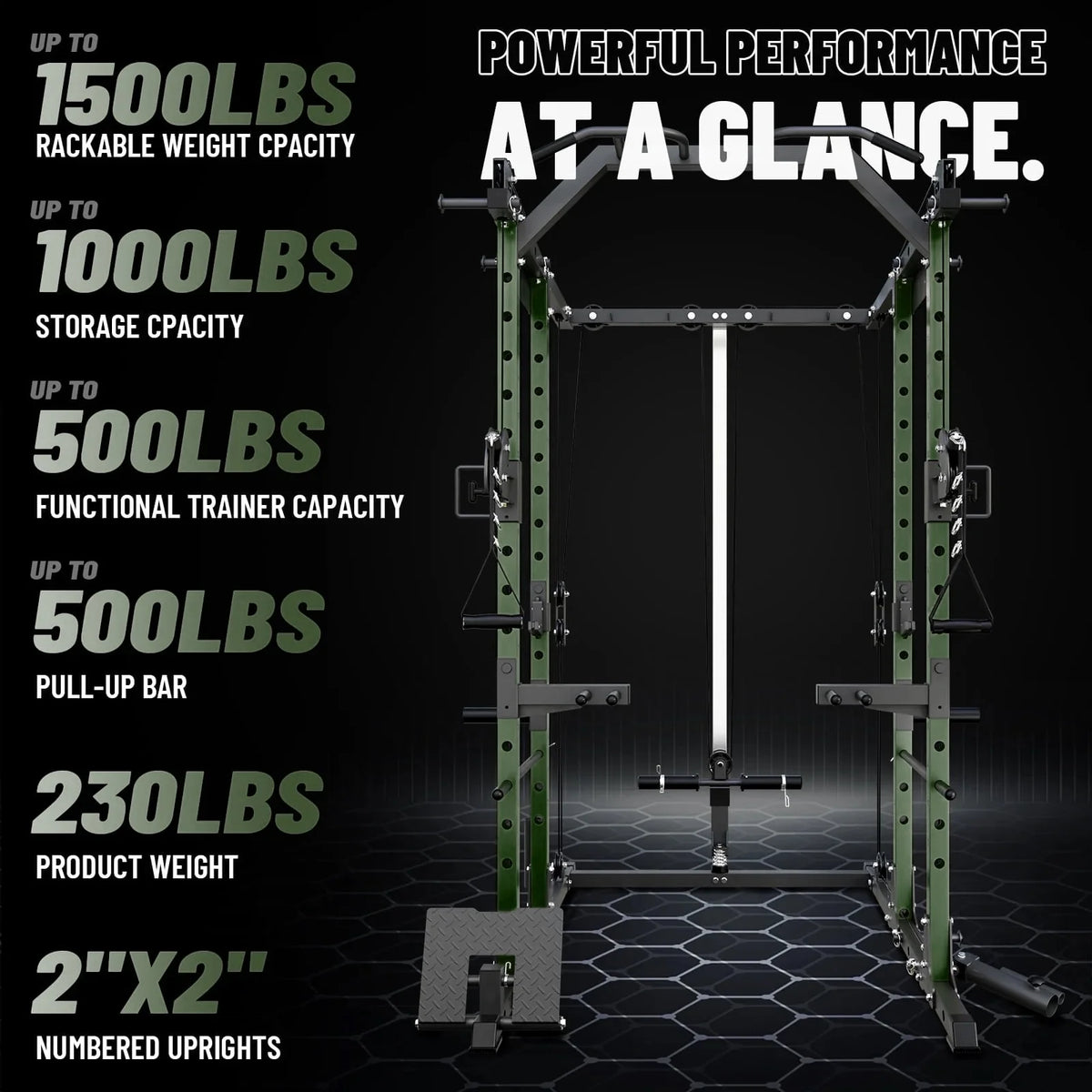 Power Rack Cage, 1500LBS Weight Cage with 1200LB Capacity Adjustable Weight Bench, 1500LB Capacity Barbell and 230LB Weight Plate Set Green Oasis