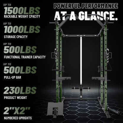 Power Rack Cage, 1500LBS Weight Cage with 1200LB Capacity Adjustable Weight Bench, 1500LB Capacity Barbell and 230LB Weight Plate Set Green Oasis