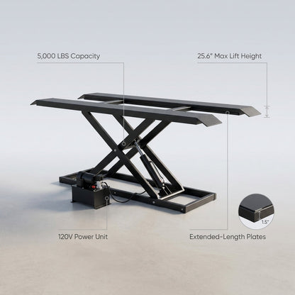 Car Lift, 25.6 Max. Height, 5, 000 LBS Capacity Portable Car Lift, with Extended-Length Plates, Heavy-Duty Carbon Steel Truck Lift with 120V Power Unit, Auto Car Jack Lifts for Home Garage Shop — infographic