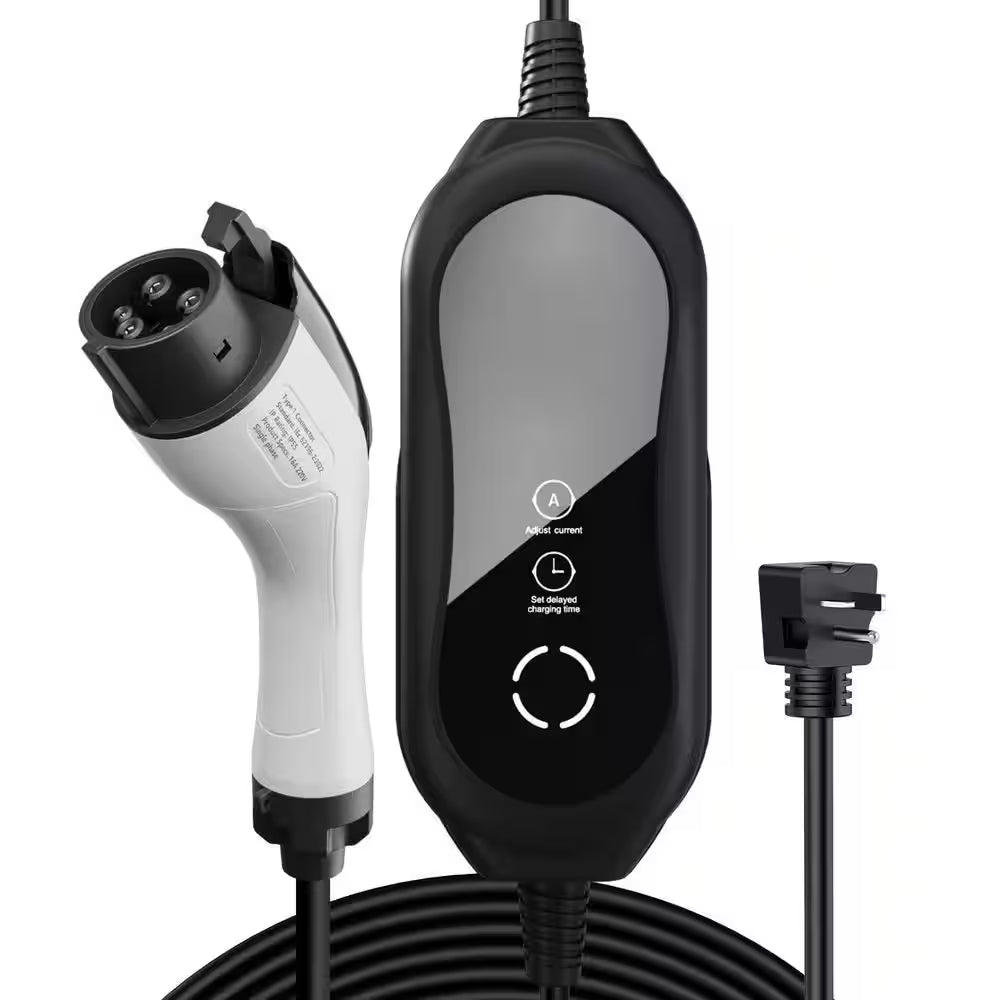 25Ft 240-Volt Portable EV Charger Level 1-2 SAE J1772 Plug with NEMA 6-20 5-15 Adapter Adjustable Current LCD