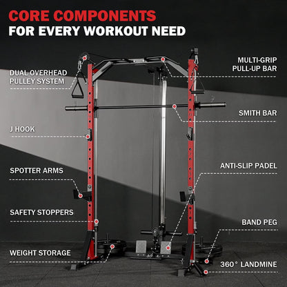 Smith Machine Home Gym, Multi-Functional Squat Rack with Lat Pull down System, Workout Station with Smith Bar, Barbell, Weight Bench and 35Lb/45Lb X2 Weight Plates