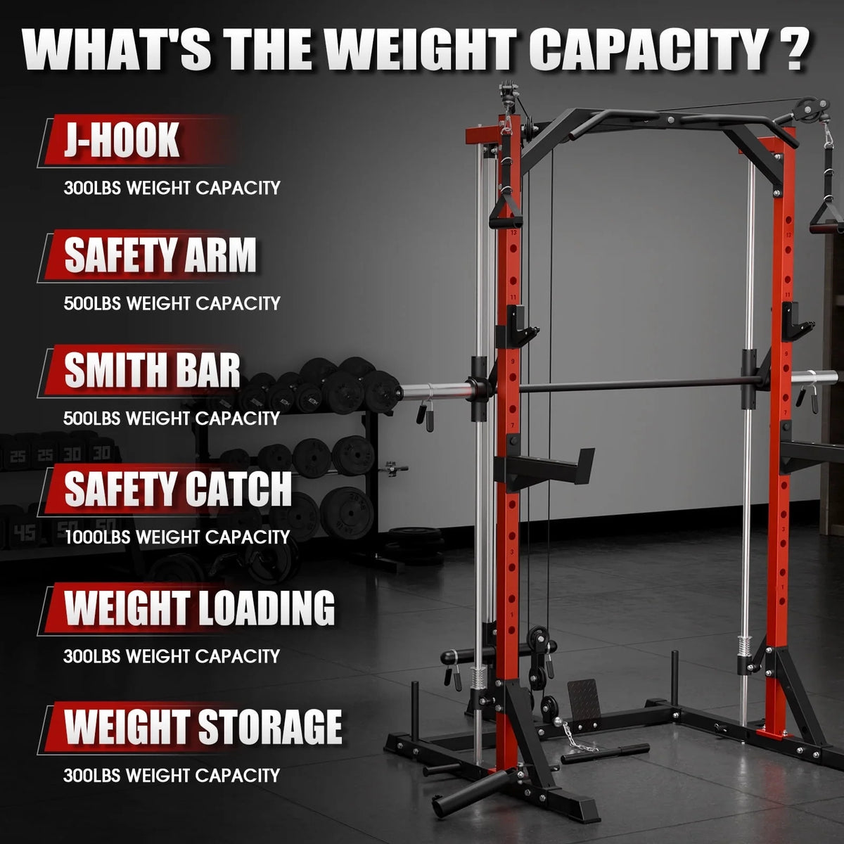 Smith Machine Home Gym, Multi-Functional Squat Rack with Lat Pull down System, Workout Station with Smith Bar, Barbell, Weight Bench and 35Lb/45Lb X2 Weight Plates