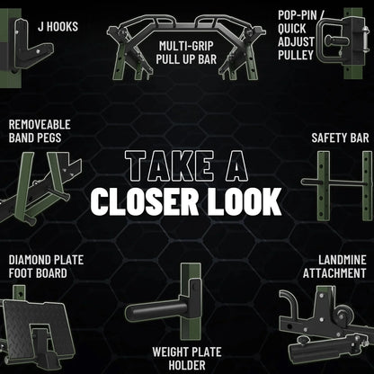 Power Rack Cage, 1500LBS Weight Cage with 1200LB Capacity Adjustable Weight Bench, 1500LB Capacity Barbell and 230LB Weight Plate Set Green Oasis