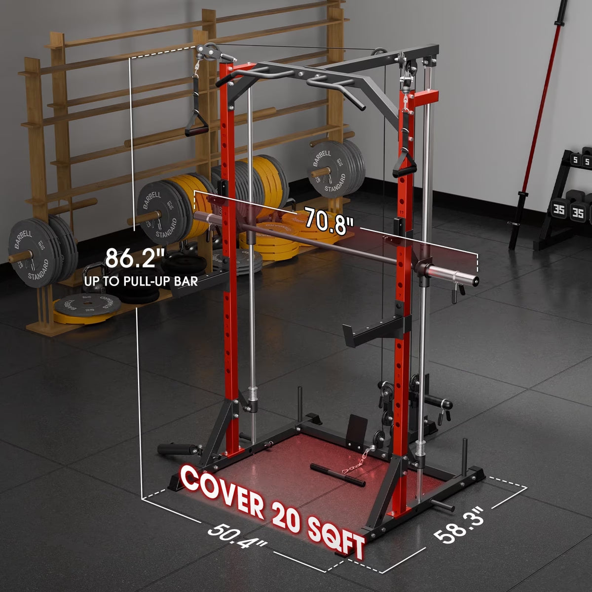 Smith Machine Home Gym, Multi-Functional Squat Rack with Lat Pull down System, Workout Station with Smith Bar, Barbell, Weight Bench and 35Lb/45Lb X2 Weight Plates