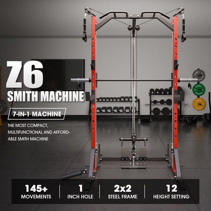 Smith Machine Home Gym, Multi-Functional Squat Rack with Lat Pull down System, Workout Station with Smith Bar, Barbell, Weight Bench and 35Lb/45Lb X2 Weight Plates