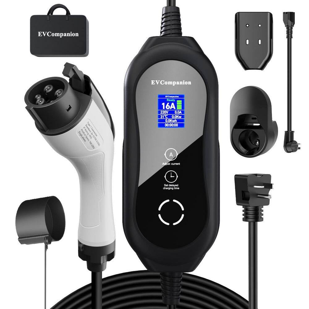 25Ft 240-Volt Portable EV Charger Level 1-2 SAE J1772 Plug with NEMA 6-20 5-15 Adapter Adjustable Current LCD